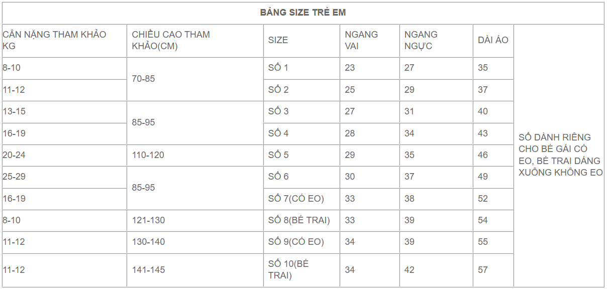 bảng size đồng phục mầm non